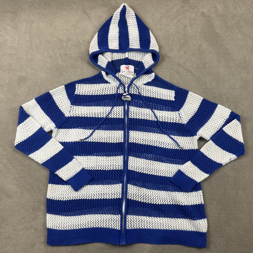 Quacker Factory Hoodie Women 1X Blue White Striped Open Knit Sailboat Zip Up